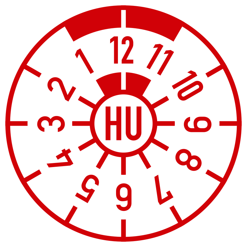 Grafik einer HU-Plakette in rot auf weißem Grund.